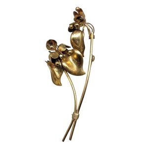 Large Flower Brooch Gold Plated Stemmed Floral Vinatge Large Pin